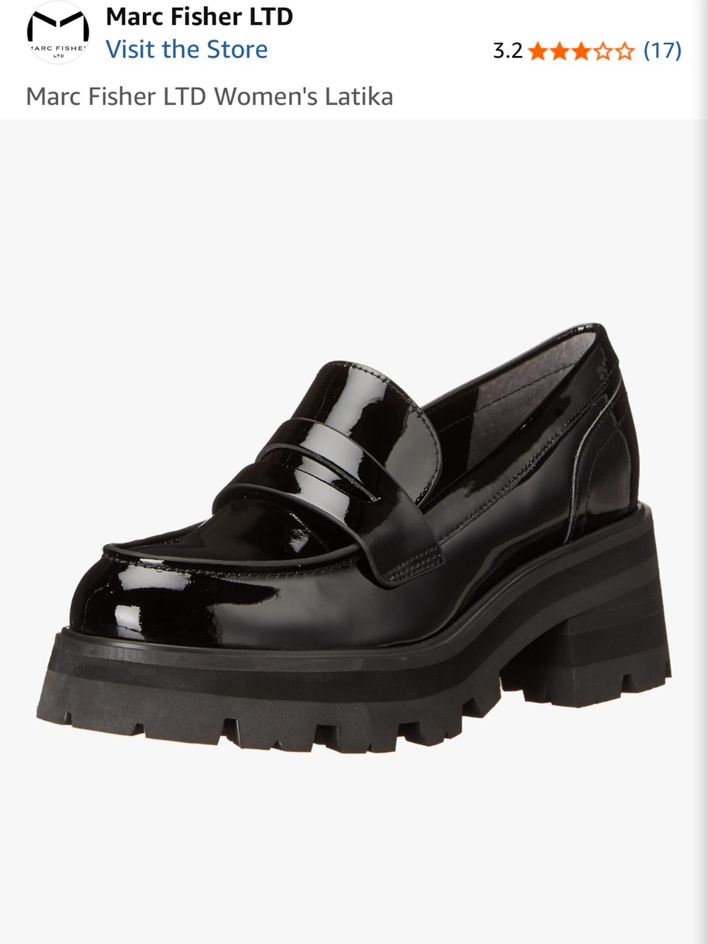 Marc Fisher Black Patent Chunky Lug Sole Loafer